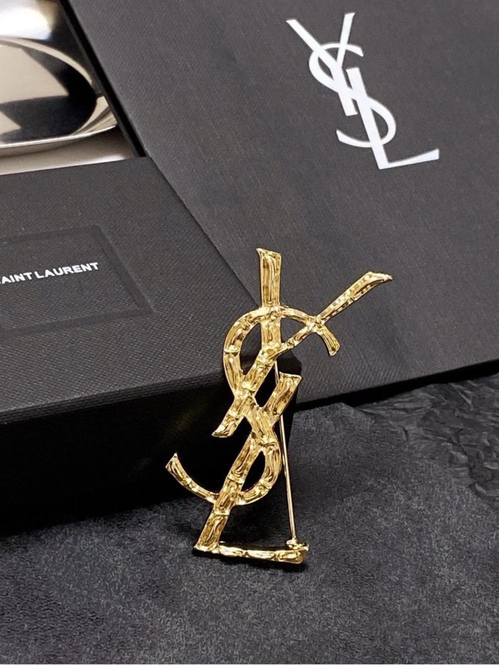 Saint Laurent Gold Textured YSL Logo Pin